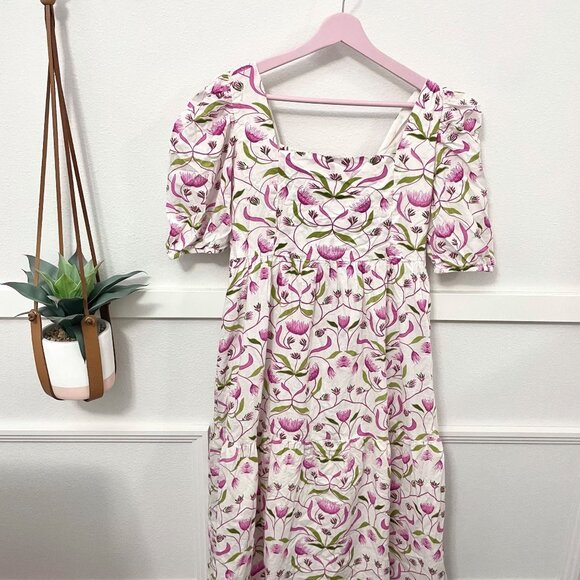Monsoon & Beyond 1919 Estella Mongrove Pink Floral Puff Sleeve Midi Dress Size L - Picture 2 of 6